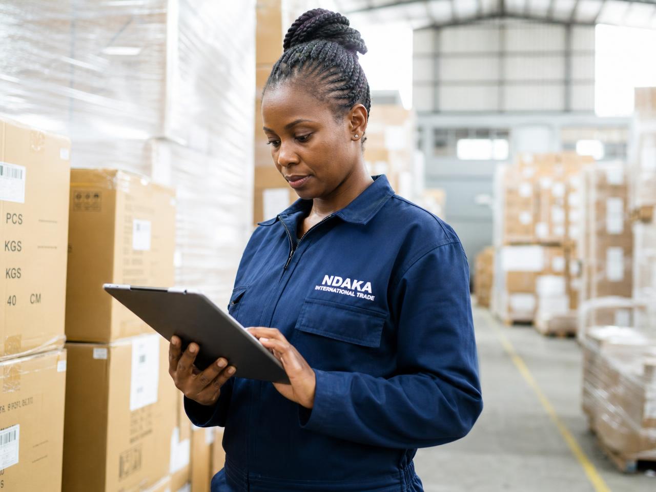Ndaka team member in work suit checking cargo manifests in the warehouse